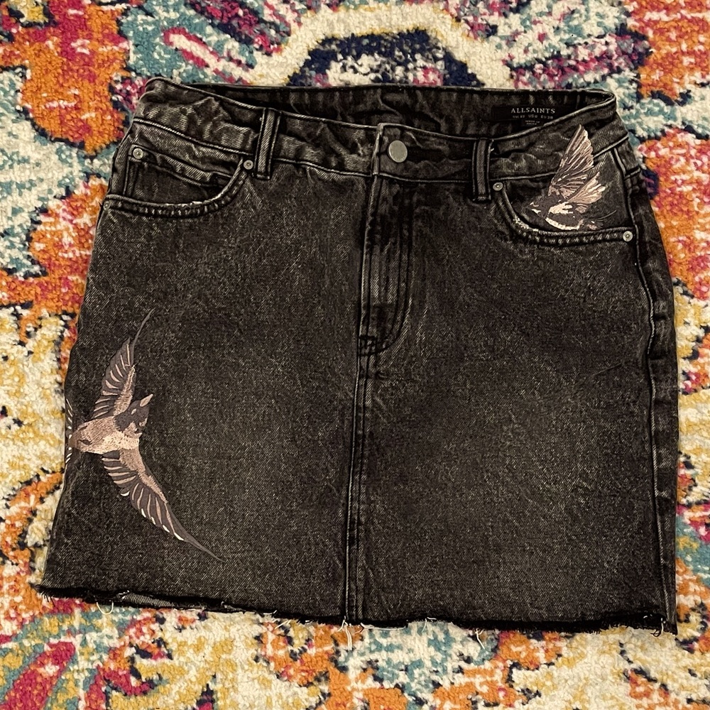 All Saints embroidered black jean skirt. Hot!!